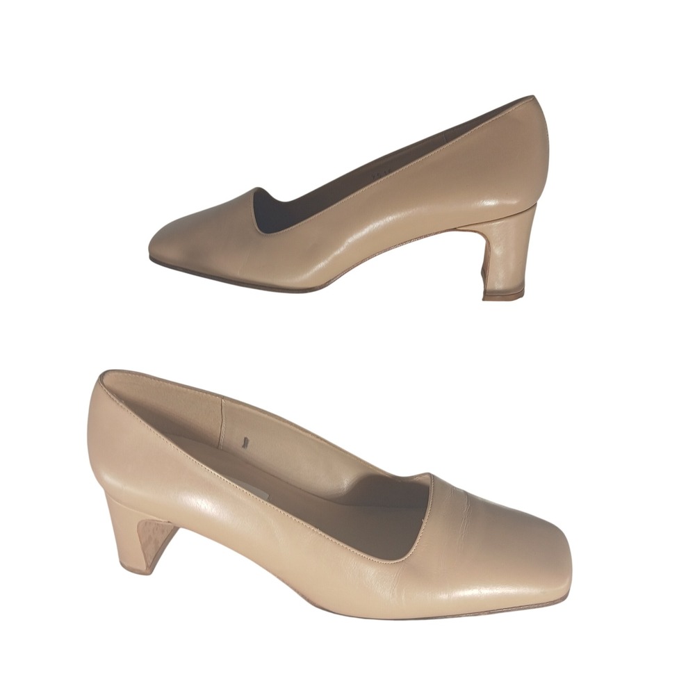 Talbots Womens Beige Leather Square Toe Block Heel Pumps Made in Spain Size 7.5M